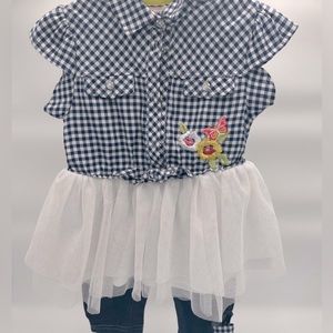 Set: Navy/White Gingham Shirt w/Glittery Tulle Tutu, Embroidered Flowers &Capris